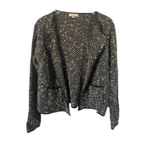 Cocogio Black Gray Herringbone Wool Open Front Knit Sweater Blazer Size XL